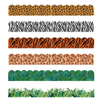 BeYumi 80Pcs Animal Print Bulletin Board Borders Africa Safari Leopard Zebra Tiger Giraffe Tropical Leaves Greenery Scalloped Borders Trim Bulletin Decoration for Back to School Classroom Nursery Wall