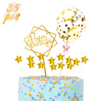 BeYumi 36 Packs Happy Birthday Cake Toppers Set – Gold Confetti Balloo