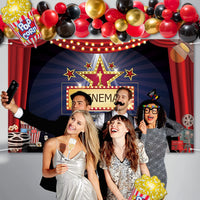 BeYumi 74 Packs Movie Night Theme Party Decorations Kit Gold Red Black Balloon Arch Garland Now Showing Photography Backdrop Banner Popcorn-Shaped Aluminum Foil Balloons Set for Oscar Awards Ceremony